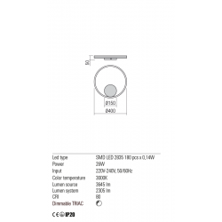 Sieninis - lubinis LED šviestuvas Orbit 26W CCT D40 BALTAS Direct dimeriuojamas DALI kaina