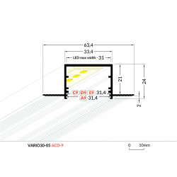 LED PROFILIS VARIO30-05 ACDE-9 PRIGLAISTOMAS, 2M, ANODUOTAS ALIUMINIS pigiau