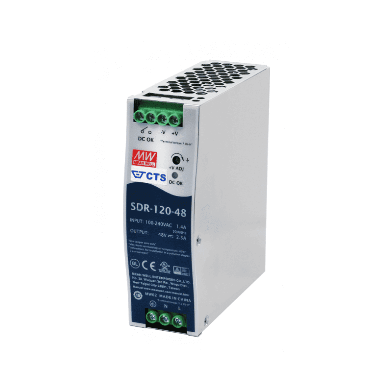 IMPULSINIS MAITINIMO ŠALTINIS TVIRTINAMAS ANT DIN BĖGIO 120W 48V MEAN WELL SDR-120-48