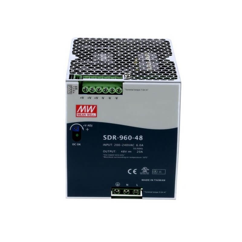 IMPULSINIS MAITINIMO ŠALTINIS TVIRTINAMAS ANT DIN BĖGIO 960W 48V MEAN WELL SDR-960-48