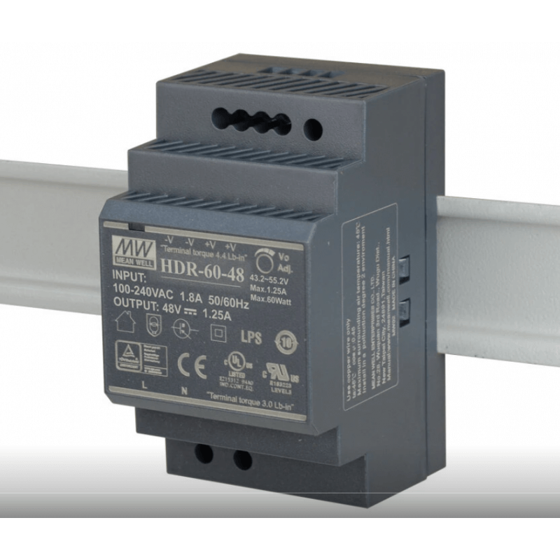 IMPULSINIS MAITINIMO ŠALTINIS TVIRTINAMAS ANT DIN BĖGIO 60W 48V MEAN WELL HDR-60-48
